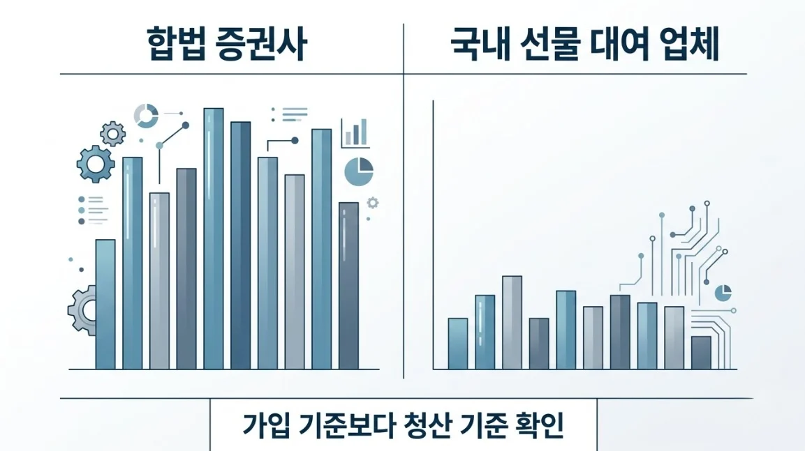 정식 증권사와 국내선물대여업체의 증거금 진입 문턱을 비교한 인포그래픽