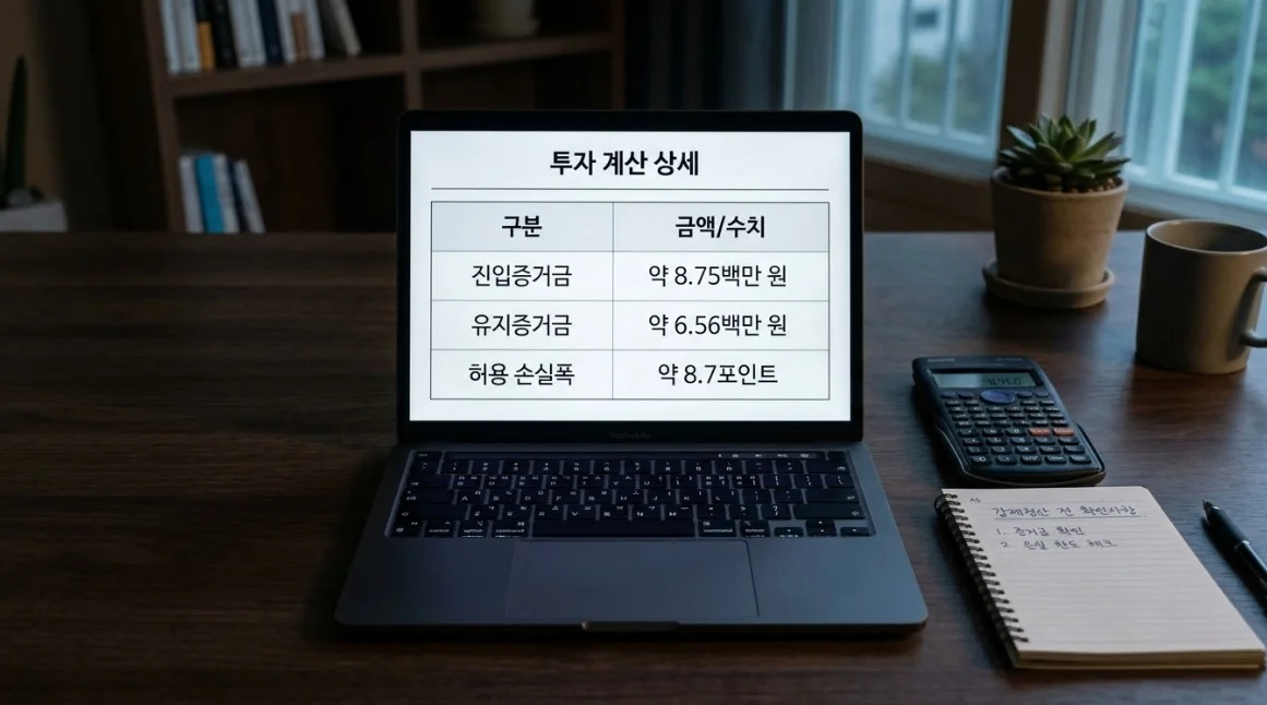 국내선물증거금 계산 예시 위탁증거금과 유지증거금 수치 비교