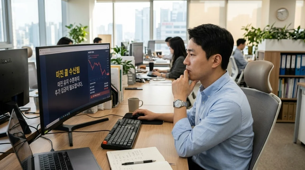 마진콜 발생 시 위탁증거금 수준까지 복구가 필요함을 확인하는 한국인 남성 트레이더