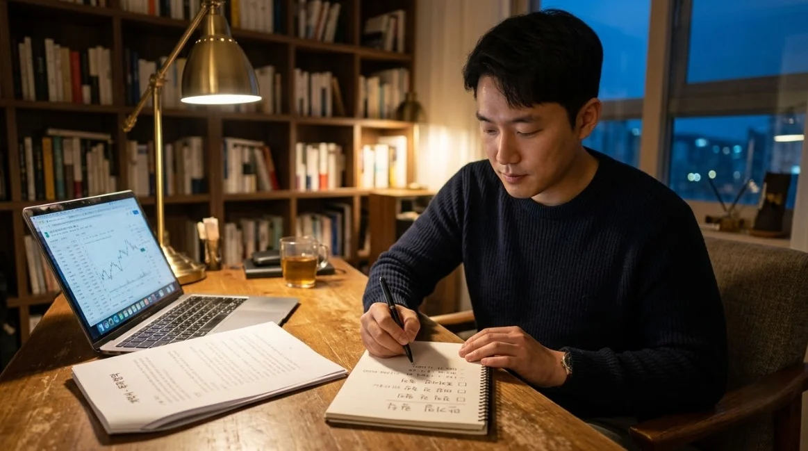 국내선물옵션 만기일 거래 원칙을 메모하는 한국인 남성