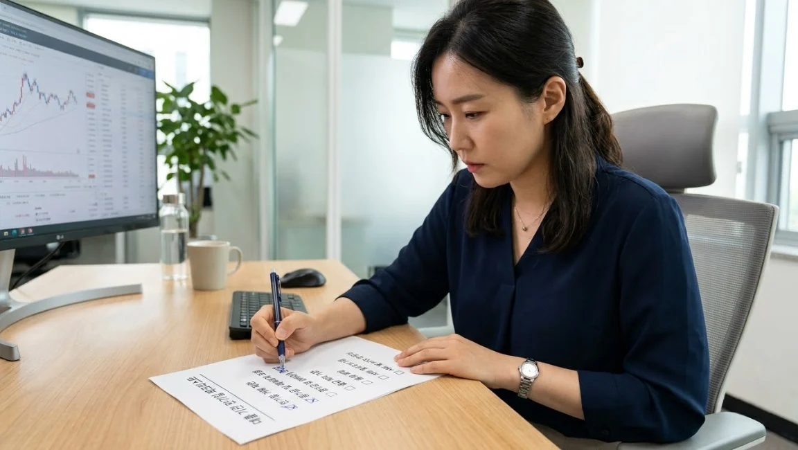 국내선물옵션 대여업체 만기일 체크리스트를 확인하는 한국인 여성