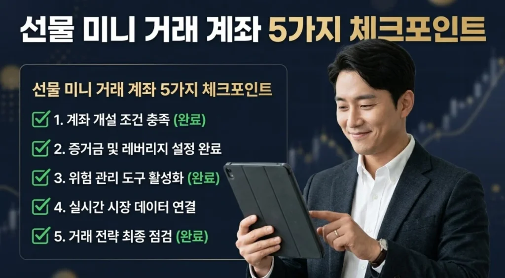 선물미니거래 계좌 개설 전 체크포인트 5가지를 확인하는 한국인 남성 트레이더