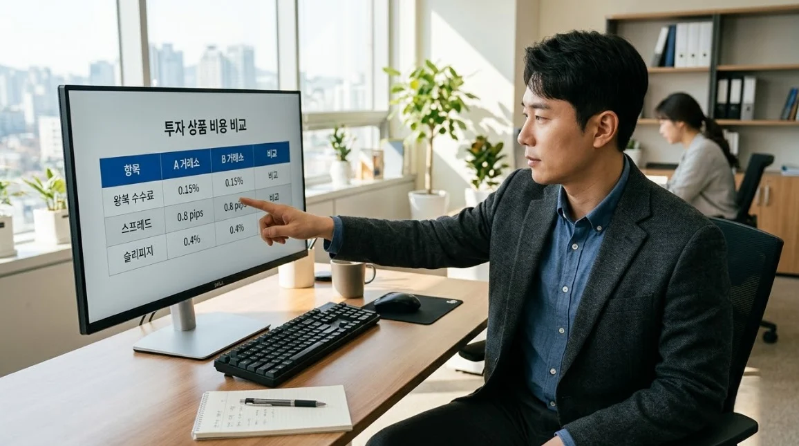 선물미니거래 수수료·스프레드·슬리피지 등 실질 거래 비용을 비교하는 한국인 남성