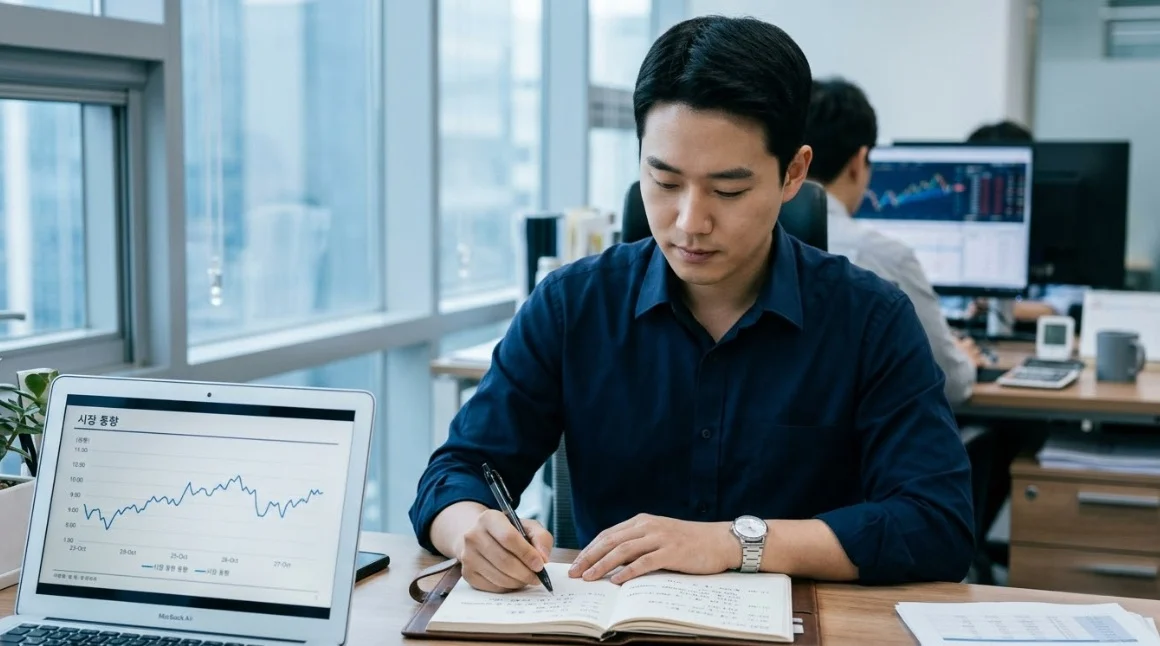 해외선물출금 이력을 기록하며 점검하는 한국인 남성 트레이더