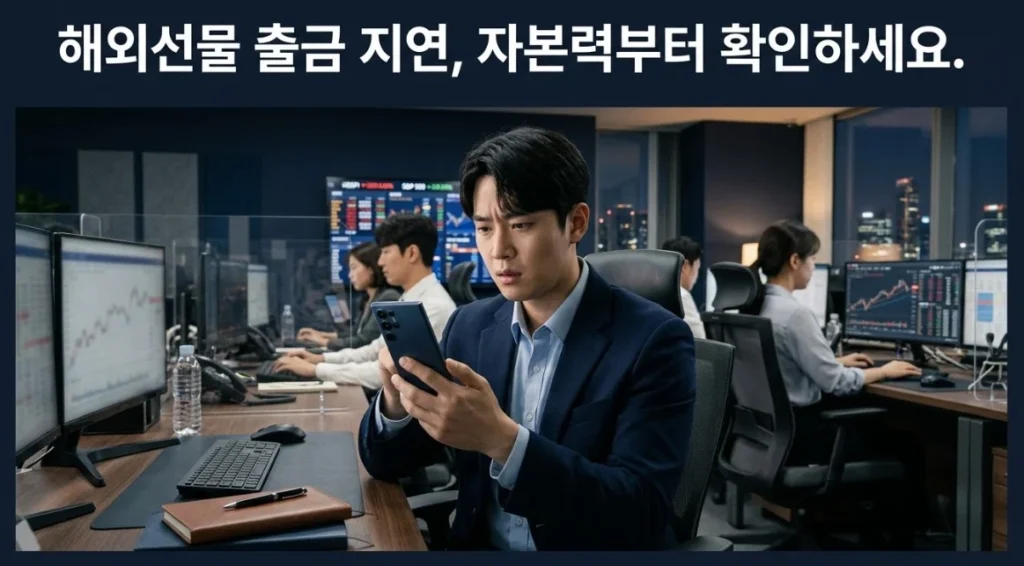 해외선물출금 지연 시 자본력 신호를 확인하는 한국인 남성 트레이더