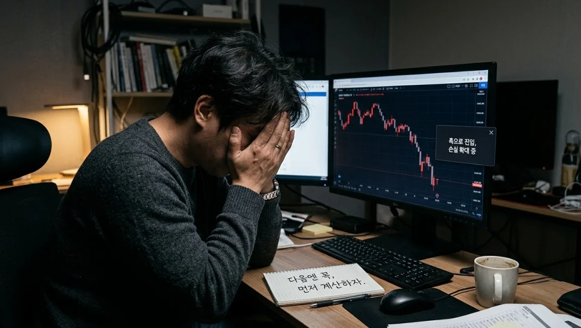 감으로 계약 수를 정했다가 손실을 겪는 해외선물초보 트레이더의 모습
