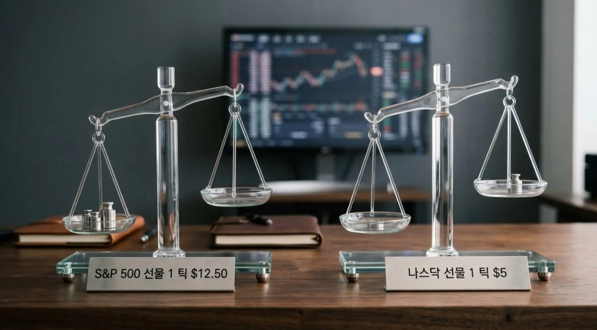 S&P500선물과 나스닥선물의 해외선물틱가치 차이를 저울로 표현한 이미지
