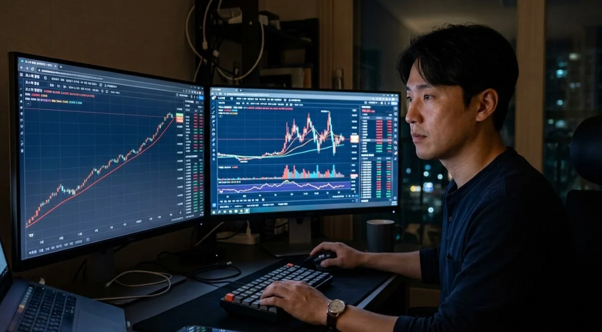 야간 시간대 S&P500선물과 나스닥선물 변동성을 분석하는 한국인 남성 트레이더