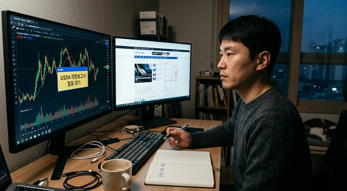 USDA작황보고서 발표를 앞두고 대응 기준을 점검하는 모습