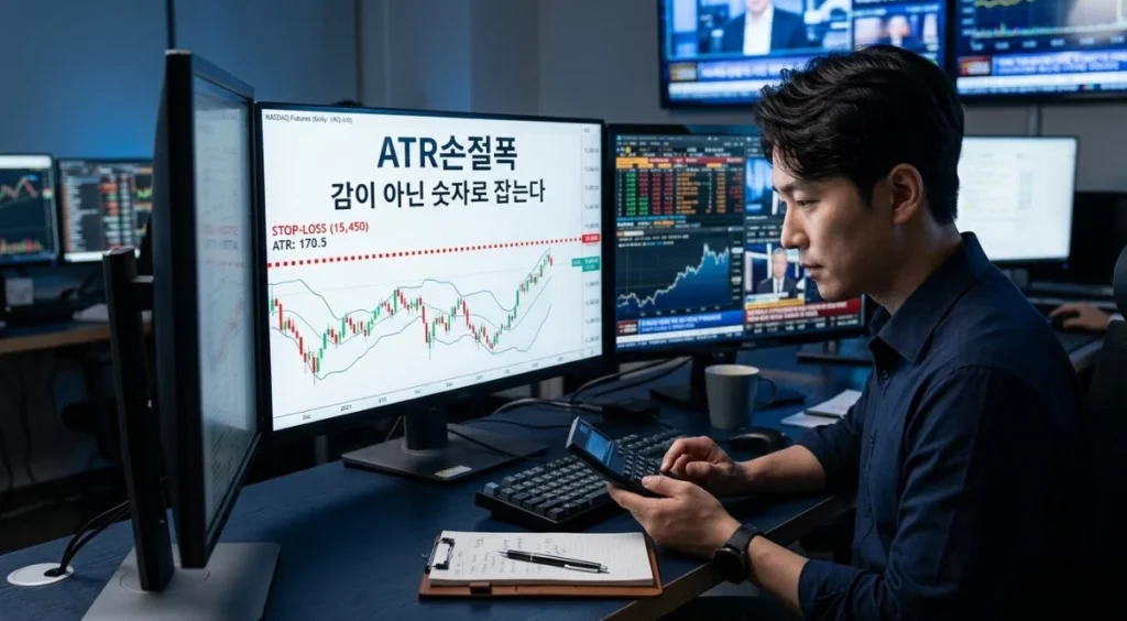 ATR손절폭 계산법을 보여주는 트레이딩 데스크 이미지