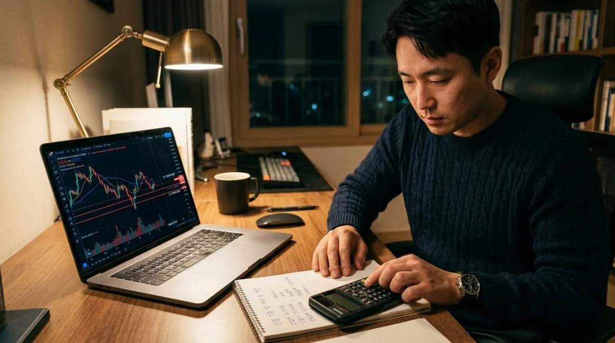 볼린저밴드매매기법 진입 후 손절 기준과 포지션 규모를 계산하는 모습