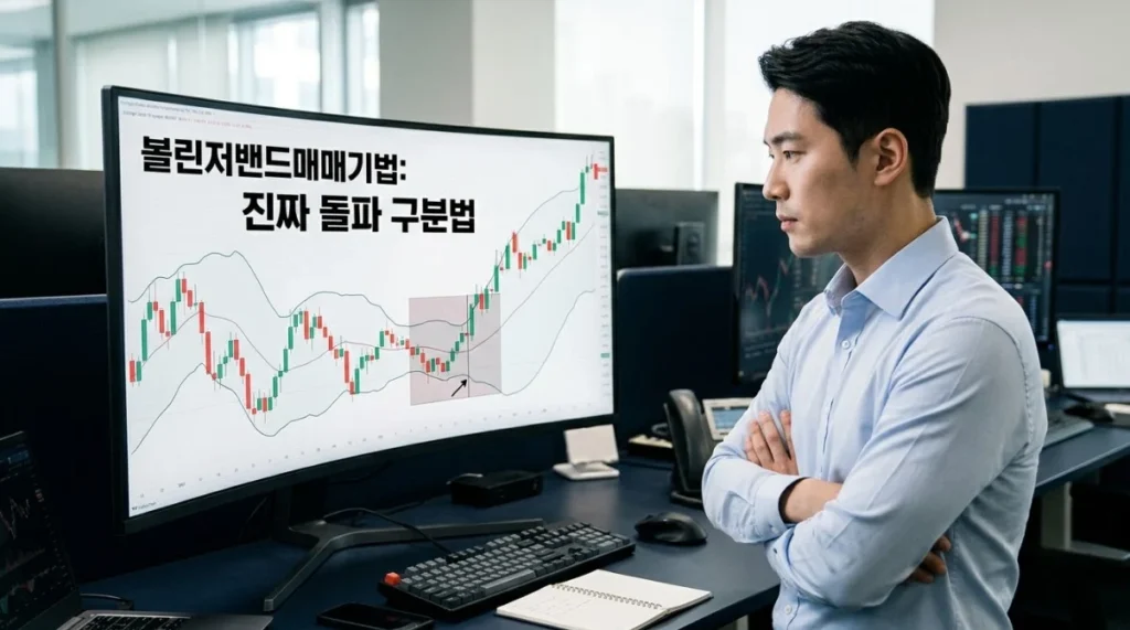 볼린저밴드매매기법으로 밴드 스퀴즈 이후 진짜 돌파와 가짜 돌파를 구분하는 모습