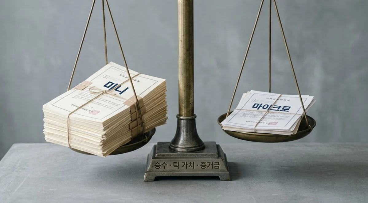 마이크로선물과 미니선물 계약 크기, 틱가치·증거금 차이를 저울로 표현한 이미지