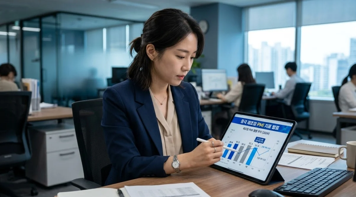중국제조업PMI 발표에 반응하는 구리선물 가격을 분석하는 장면