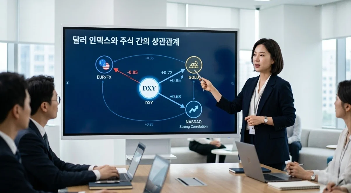 달러인덱스선물과 유로FX선물·골드·나스닥 상관관계 다이어그램