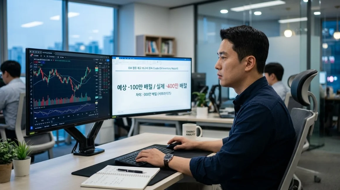 EIA재고발표 예상치와 실제치 차이를 분석하는 한국인 트레이더와 오일선물 차트