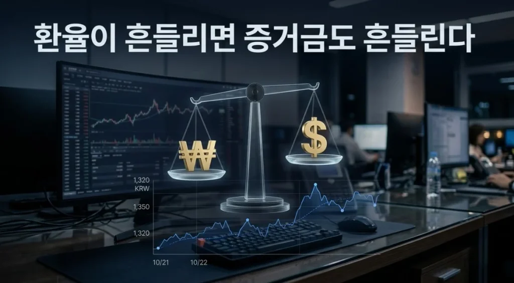 환율과증거금의 관계를 원화와 달러 저울로 표현한 이미지