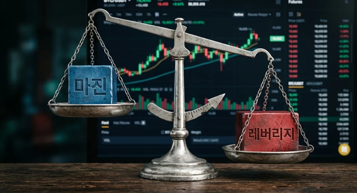 증거금과 레버리지 정책의 불안정한 균형을 상징하는 저울 이미지