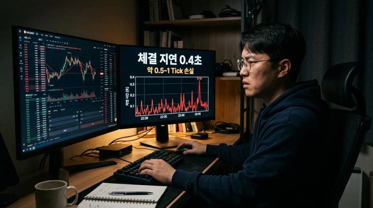 대여업체추천 시 체결 지연이 수익에 미치는 영향을 보여주는 트레이딩 화면