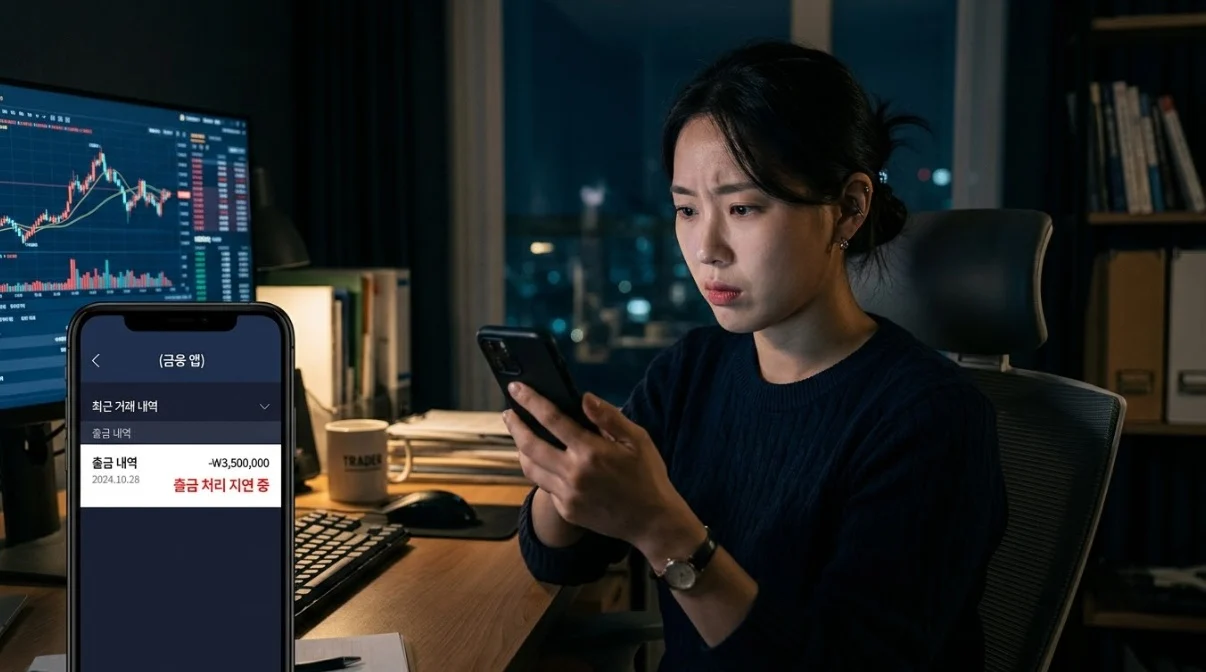 해외선물출금 지연 신호를 확인하는 한국인 여성 투자자
