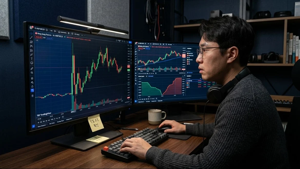 항셍선물 개장 직후 급격한 변동성을 분석하는 한국인 남성 트레이더