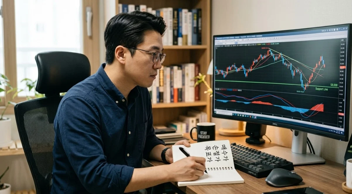 MACD매매기법 실전 적용 — 진입가와 손절매기준을 함께 정하는 모습