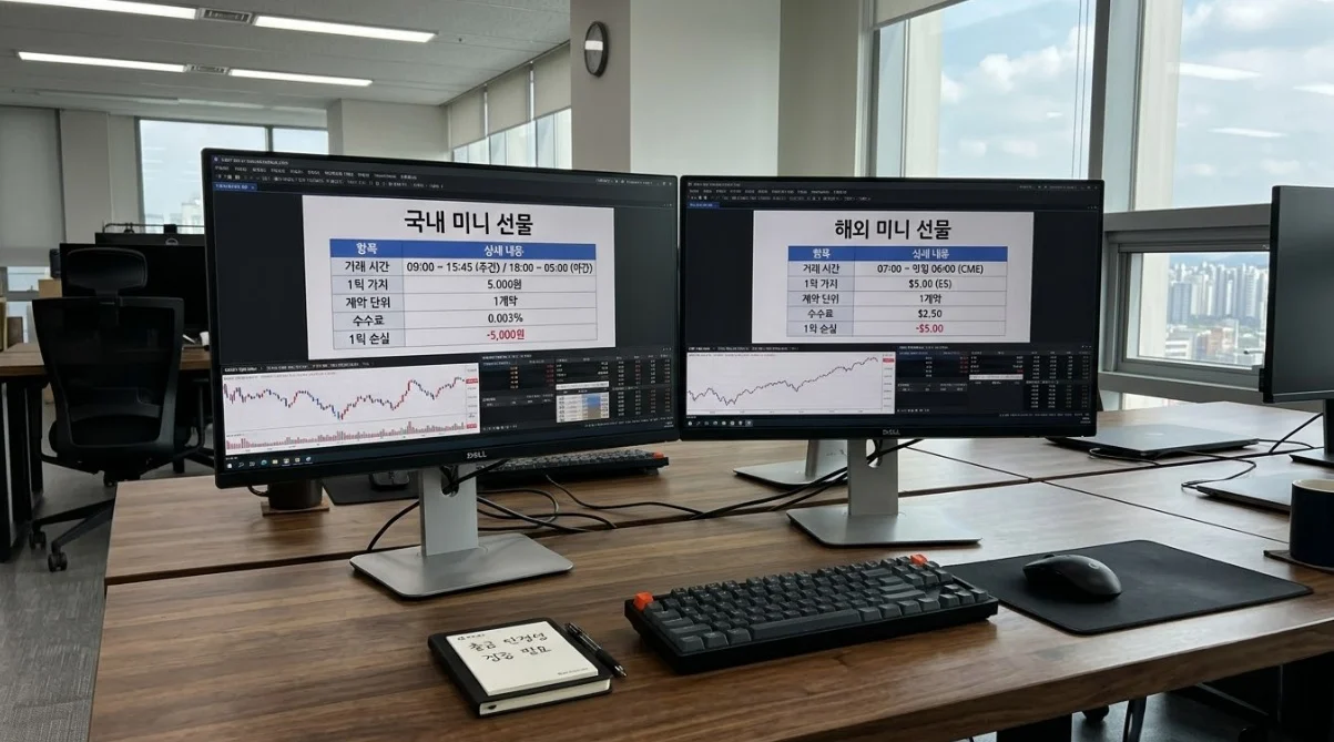 국내 미니선물과 해외선물 미니계좌 거래시간·1틱손실액·출금안정성 비교 데스크