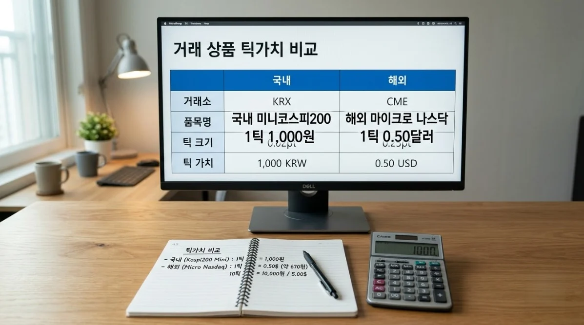 미니선물거래 국내 코스피200과 해외 마이크로 나스닥 틱가치 비교 화면
