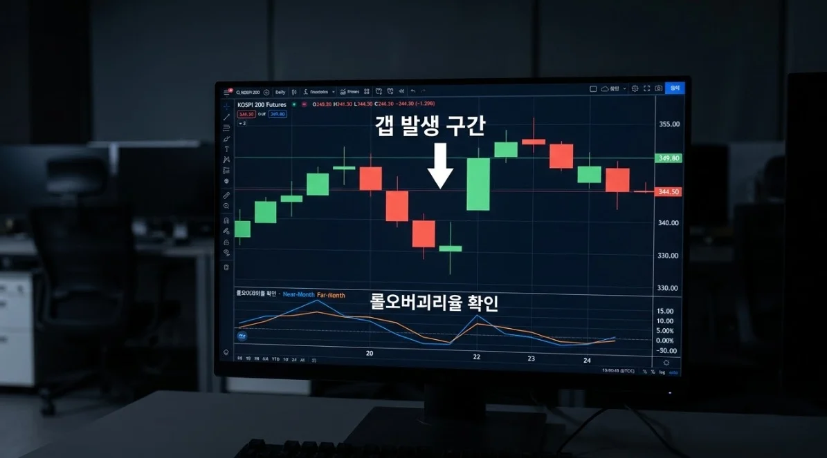 천연가스선물 롤오버괴리율과 주말 갭리스크를 보여주는 차트 화면