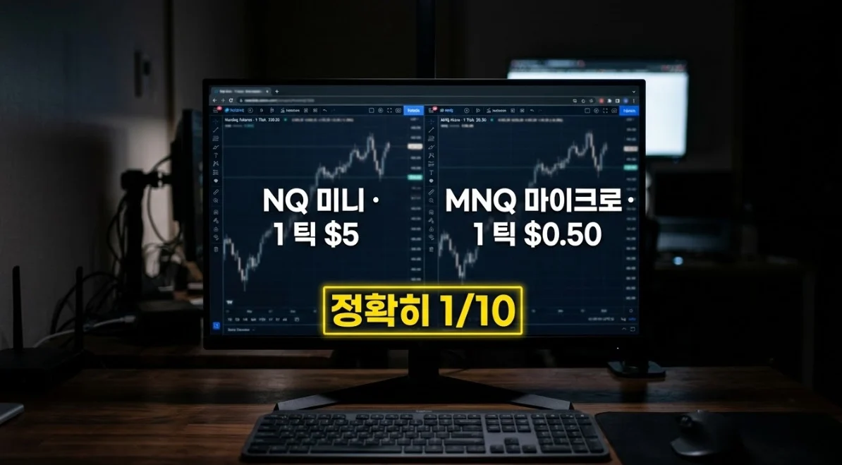 나스닥 마이크로선물과 미니선물의 틱가치 차이 비교 화면