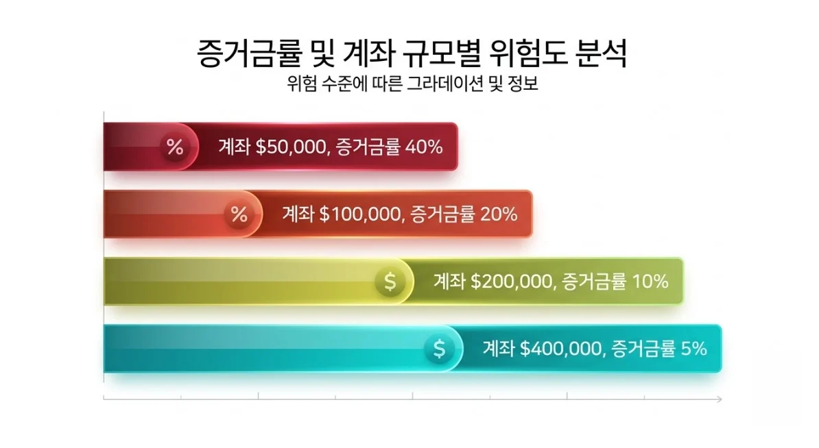 계좌 자본 규모별 증거금 비중과 해외선물레버리지 체감 차이를 나타낸 그래프