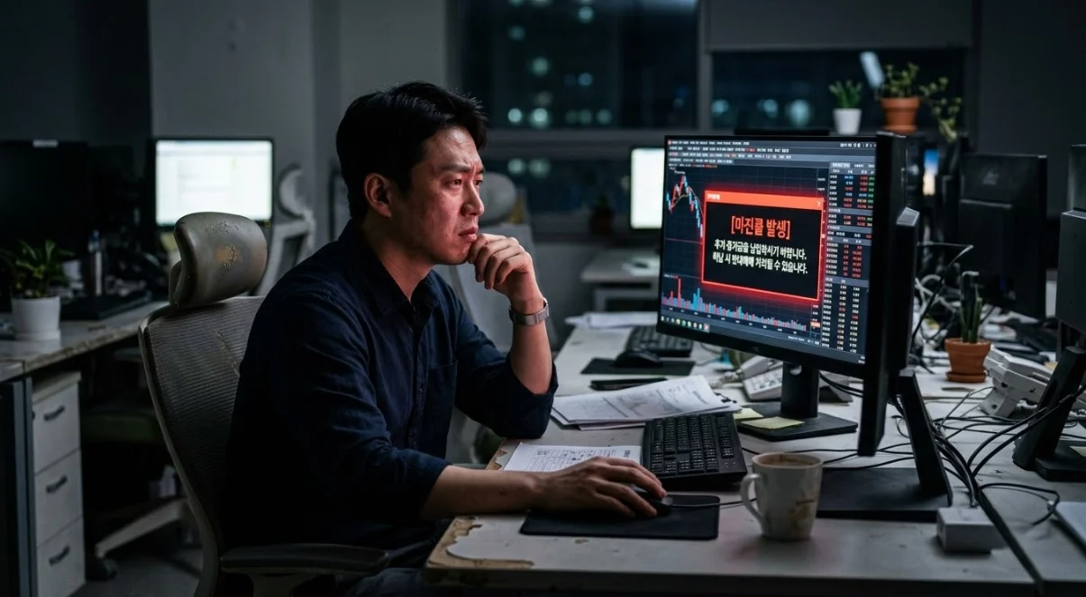 해외선물 마진콜 경고창을 확인하는 한국인 남성 트레이더, 강제청산 구조 설명 이미지