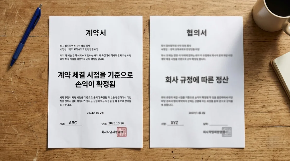 해외선물미니업체 계약서 정산 조항 문구를 비교하는 이미지