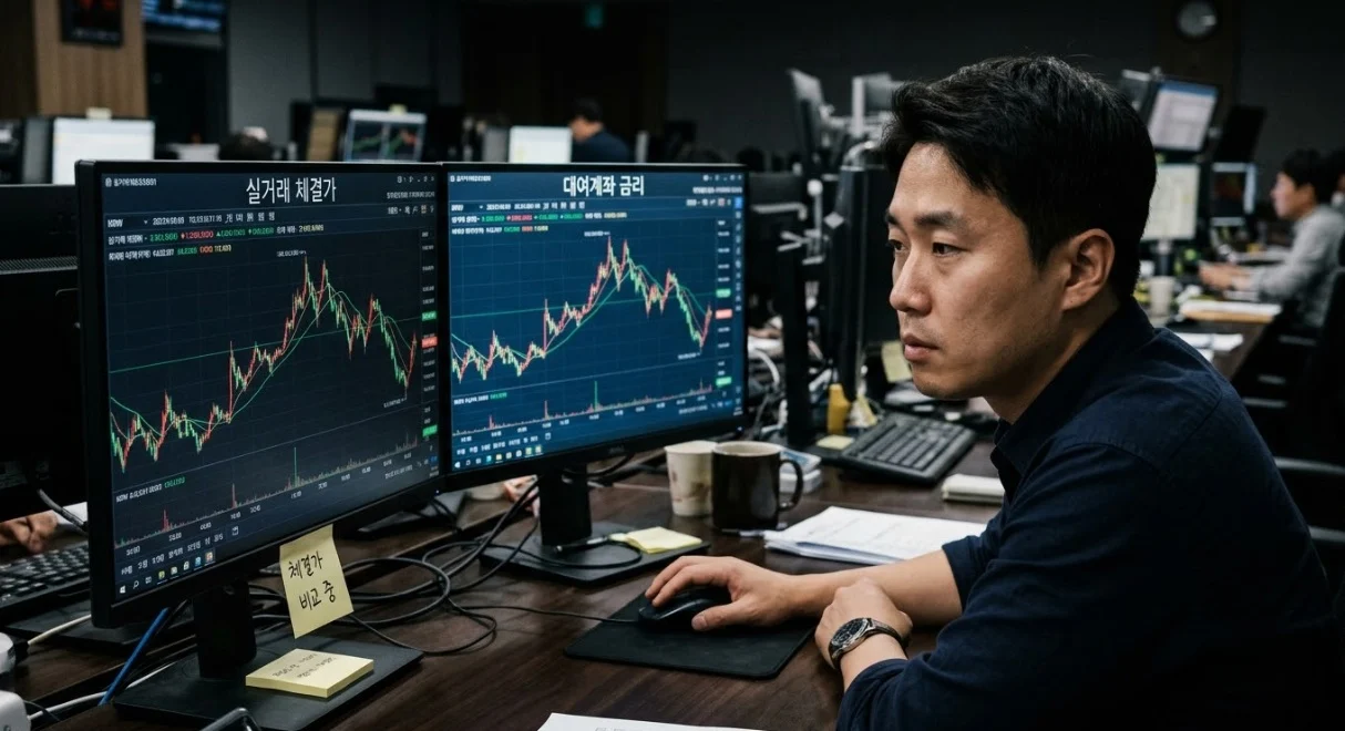해외선물대여업체 시세와 실제 거래소 호가를 비교하는 한국인 남성 트레이더