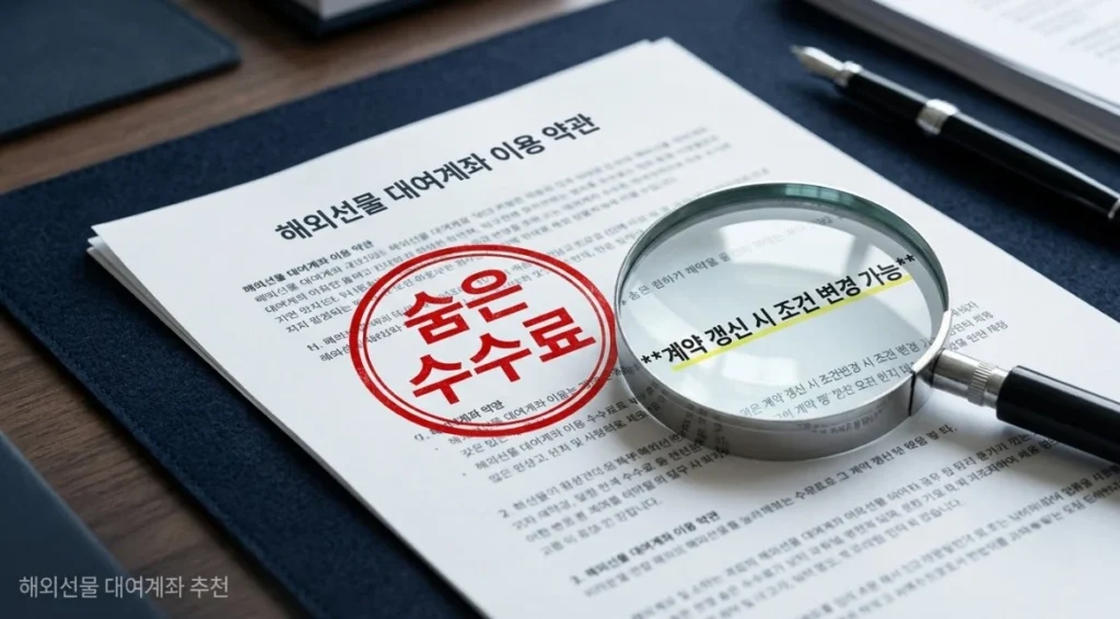해외선물대여계좌추천 전 계약서 속 숨은 수수료와 재계약 조항을 확인하는 이미지