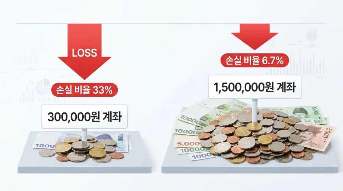 해외선물대여계좌와 미니계좌의 예치금 규모별 손실 체감 비율 비교 이미지