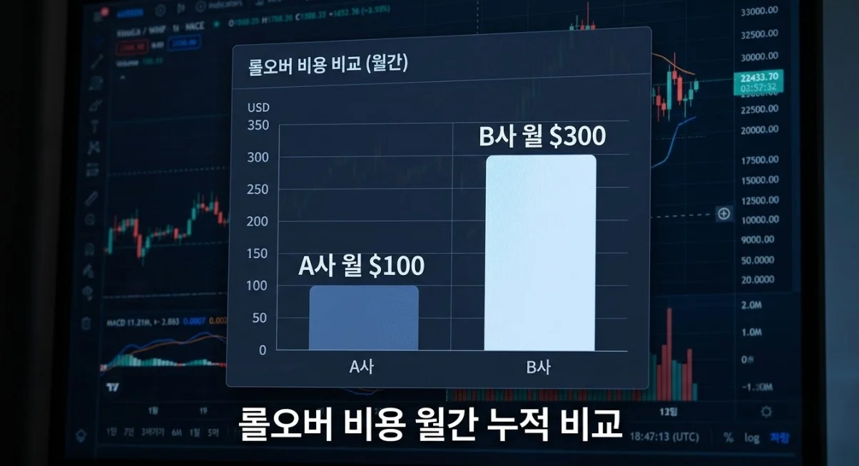 해외선물대여계좌추천 시 확인해야 할 롤오버 비용 누적 비교 그래프