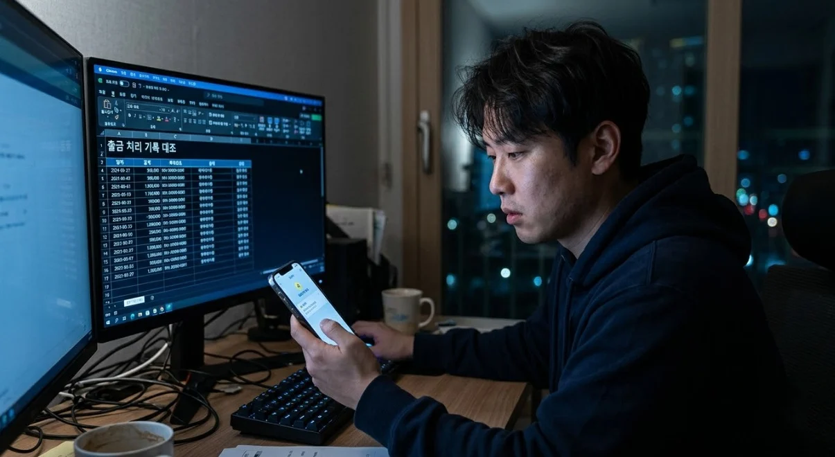해외선물안전업체 출금 처리 기록을 교차로 대조하는 장면