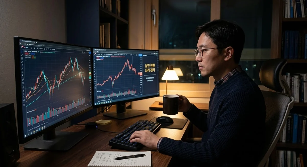 해외선물시작방법 실전 전환 전 야간 매매 심리를 점검하는 한국인 남성 트레이더