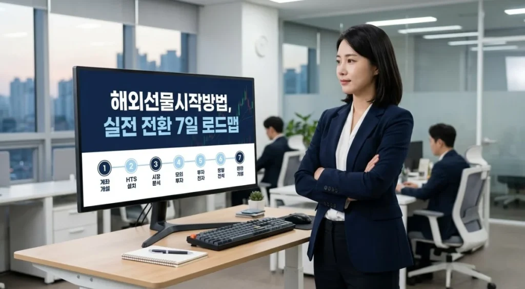 해외선물시작방법 실전 계좌 전환 전 7일 점검 로드맵을 확인하는 한국인 여성 트레이더