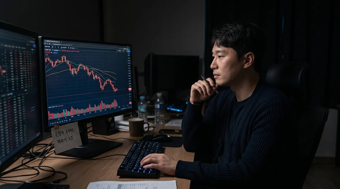 해외선물레버리지 환경에서 손절 금액을 계좌 비중으로 확인하는 한국인 남성 트레이더