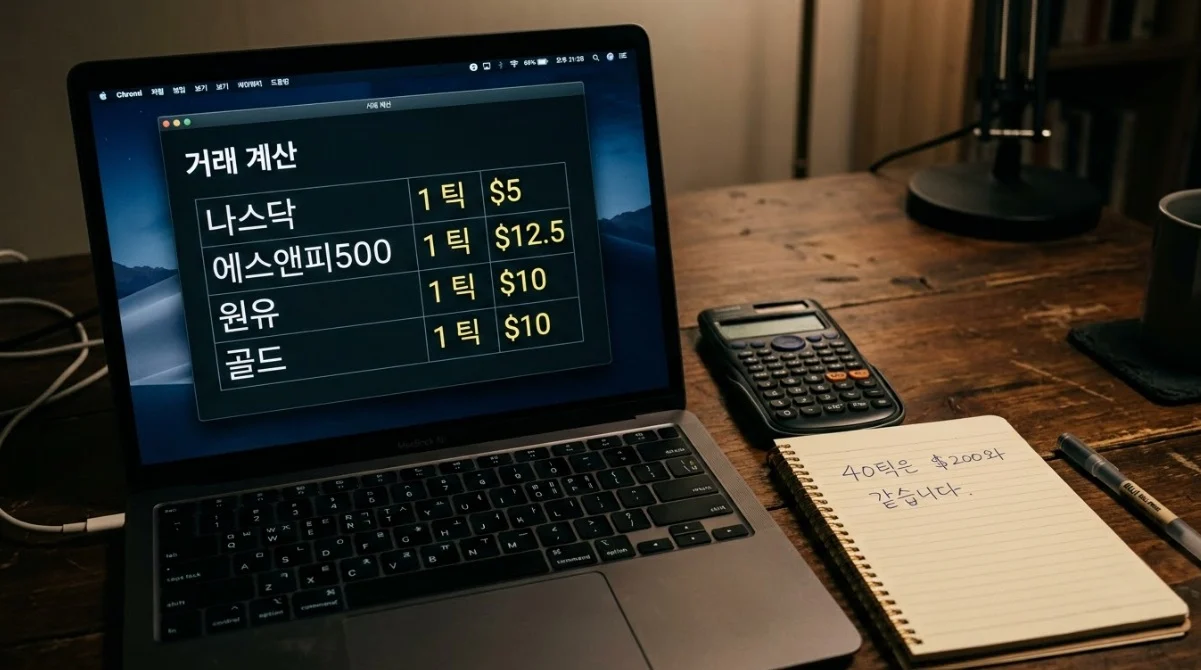 NQ ES CL GC 해외선물 상품별 틱가치계산 결과를 보여주는 화면