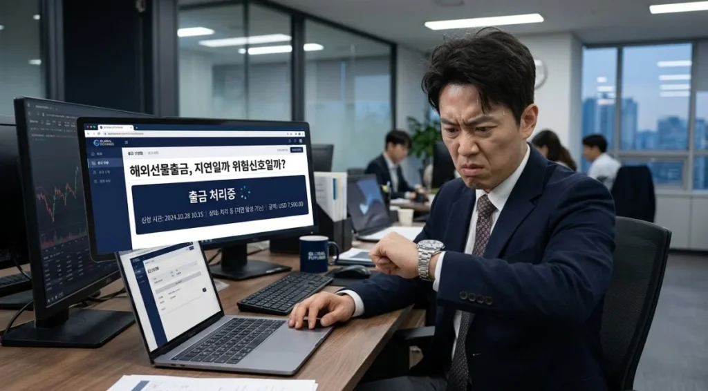 해외선물출금 지연과 위험신호를 확인하는 한국인 남성 트레이더