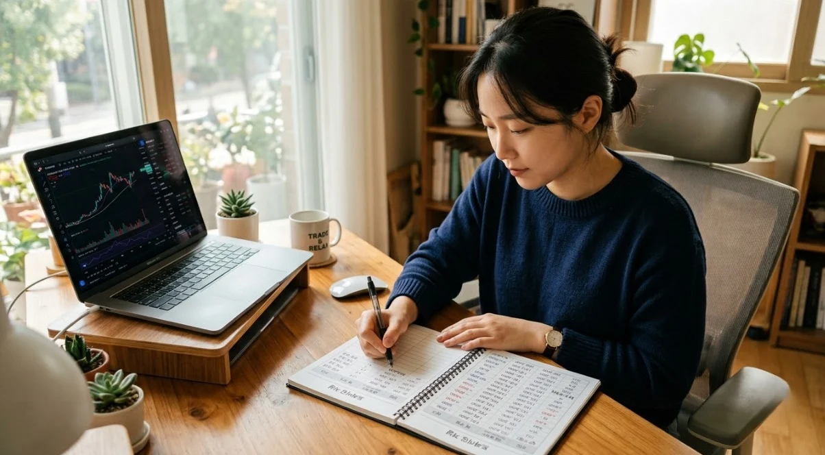 슬리피지 발생률을 매매일지에 기록하며 대여계좌안전성을 추적하는 한국인 여성 트레이더