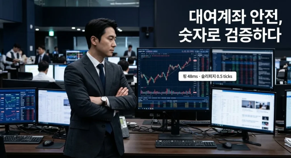 대여계좌안전성을 핑과 슬리피지 수치로 확인하는 한국인 남성 트레이더