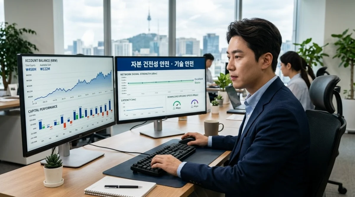 대여계좌안전성의 자본력 안전성과 기술적 안전성을 비교하는 한국인 남성 트레이더