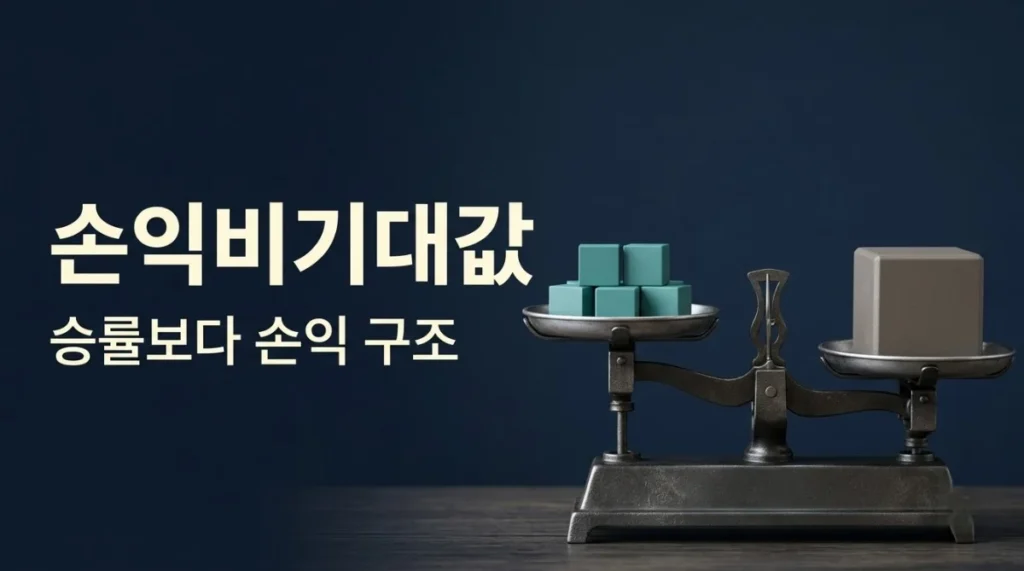 작은 이익 여러 번보다 큰 손실 한 번이 무거울 수 있음을 보여주는 손익비기대값 저울 이미지