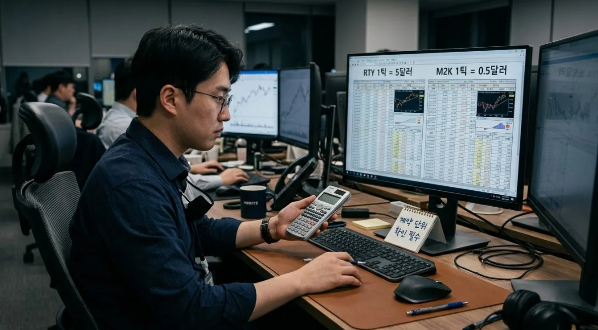 러셀2000선물 RTY와 M2K 계약 단위별 틱 가치를 계산하는 모습