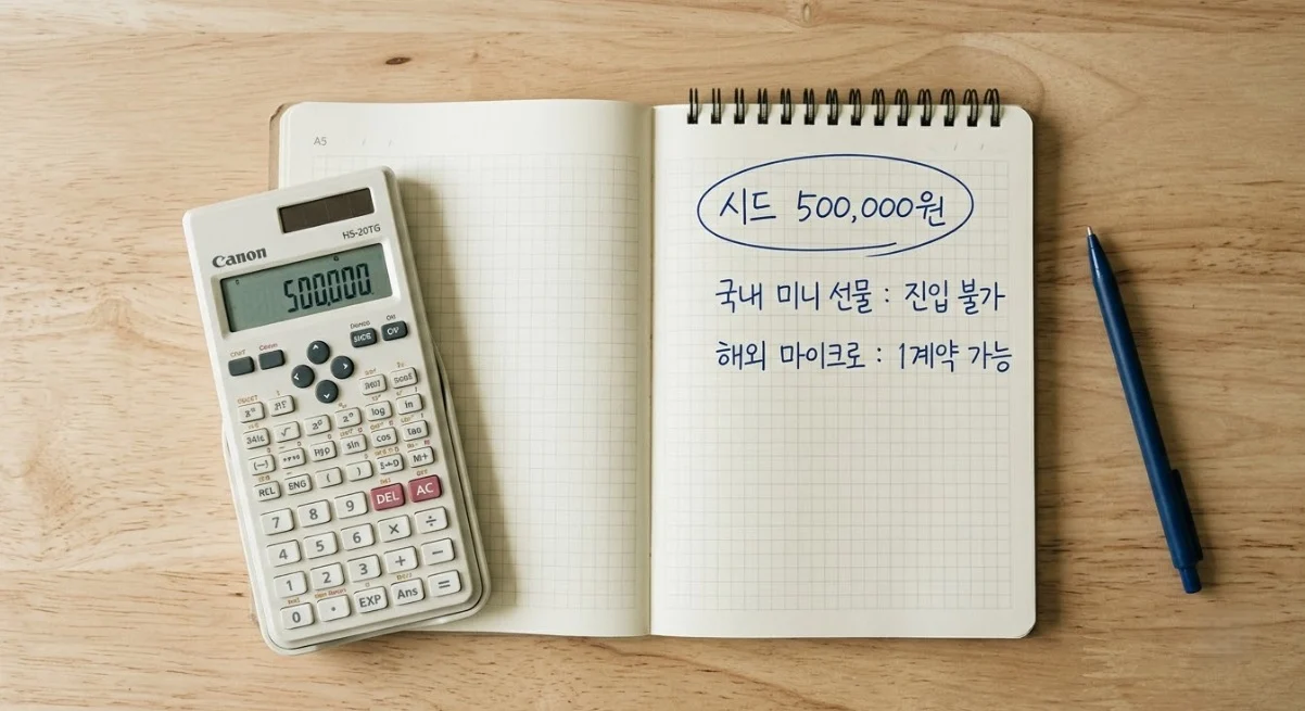 시드 50만 원 기준 선물미니계좌 진입 시뮬레이션 이미지