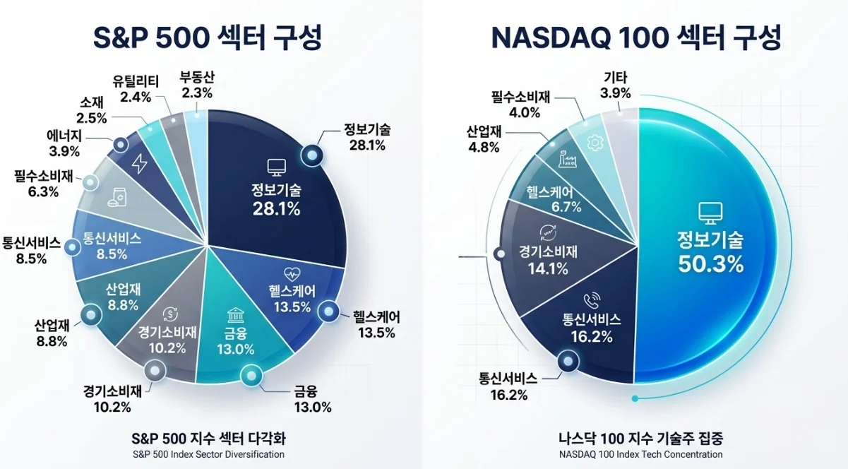 S&P500선물과 나스닥선물의 업종 구성 차이를 보여주는 인포그래픽